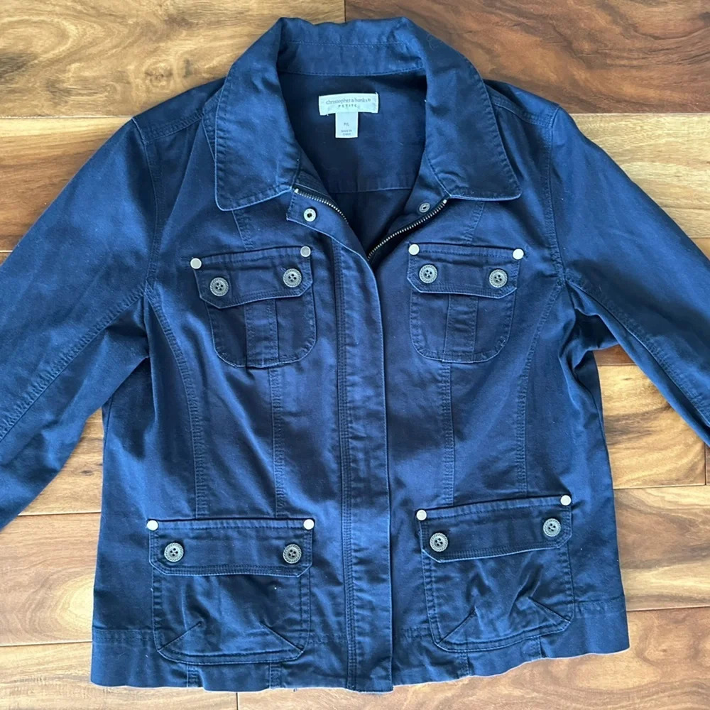 Christopher & Banks Navy Cotton Military Cargo Jacket size Large Petite (LP) - Picture 2 of 5